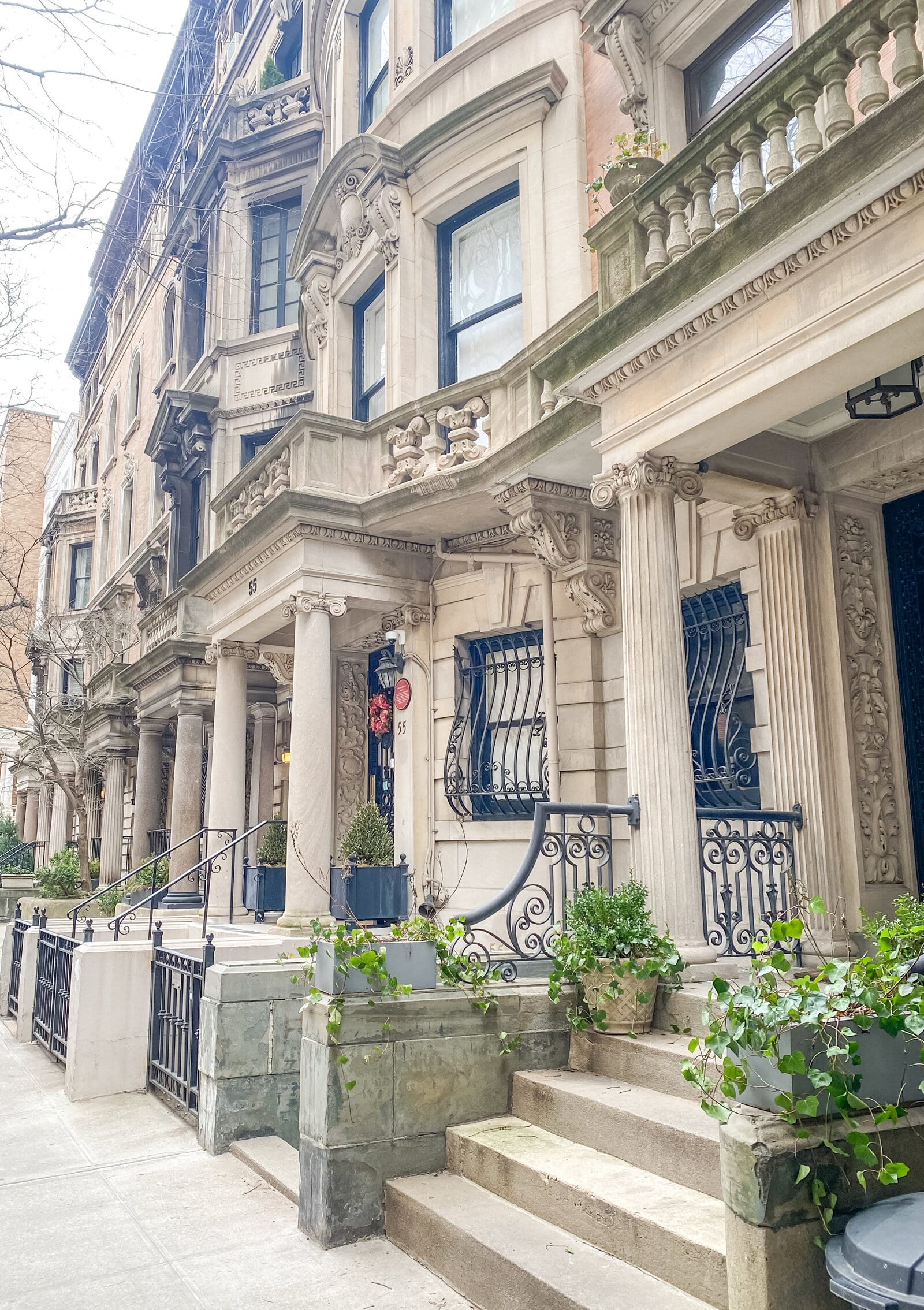 A row of stone brownstone steps and iron railings on a New York street, with planters either side of the door